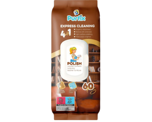 Вологі серветки"Purfix" для догляду за дерев’яними поверхнями та шкіряними меблями ,60шт (арт.)