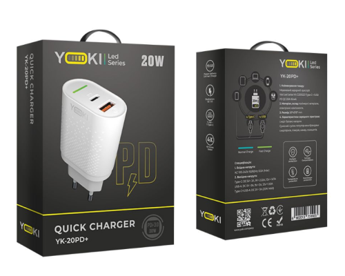 Мережевий зарядний пристрій Yoki Led Series YK-20PD+QC 20W (Бiлий)