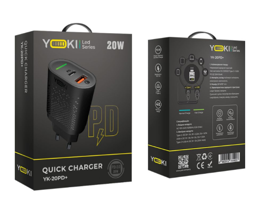 Мережевий зарядний пристрій Yoki Led Series YK-20PD+QC 20W (Чорний)