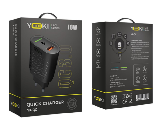 Мережевий Зарядний Пристрій Yoki Led Series YK-QC 3.0 18W (Чорний)