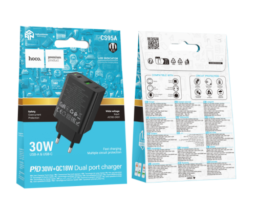 Мережевий зарядний пристрій Hoco CS95A 1USB/1USB-C QC/PD 30W (Чорний)