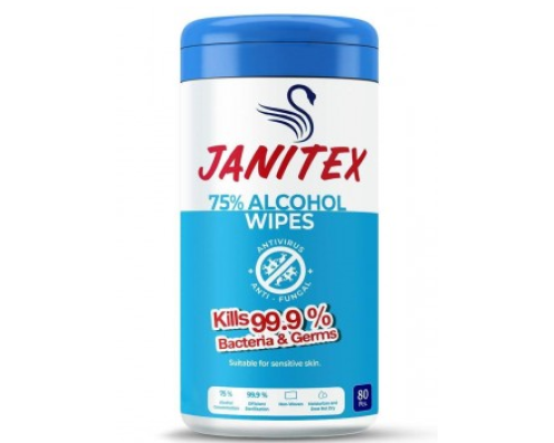Серветки вологі дезінфікуючі Janitex 75% спирту банка синя 80 шт