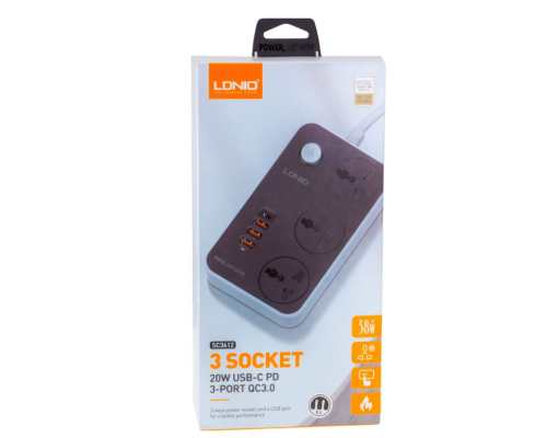 Мережевий Подовжувач LDNIO SC3412 3 ports / PD / 3USB QC 3.0 (Чорно Сірий)