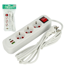 Мережевий фільтр подовжувач 3м на 3 розетки з 2 USB + 1 Type-C та вимикачем 0313USB-3M