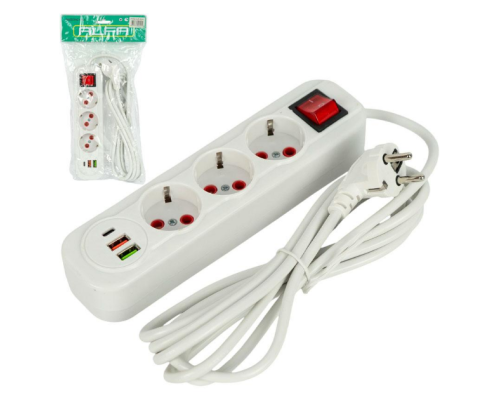 Мережевий фільтр подовжувач 3м на 3 розетки з 2 USB + 1 Type-C та вимикачем 0313USB-3M