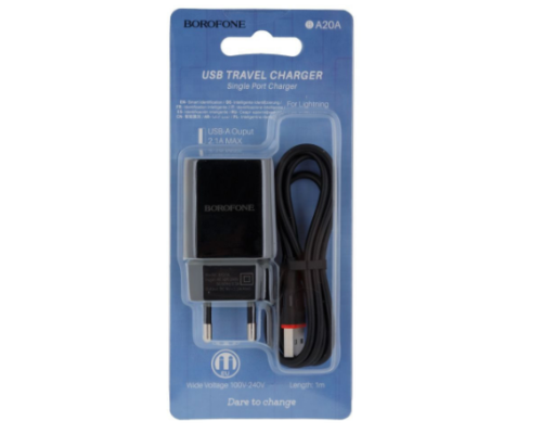 Мережевий Зарядний Пристрій Borofone BA20A Lightning 1USB 2.1A (Чорний)