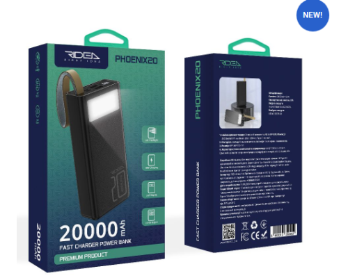 Універсальна Мобільна Батарея Power Bank Ridea 20W RP-D20L Phoenix20 digital display + lamp 20000 mA