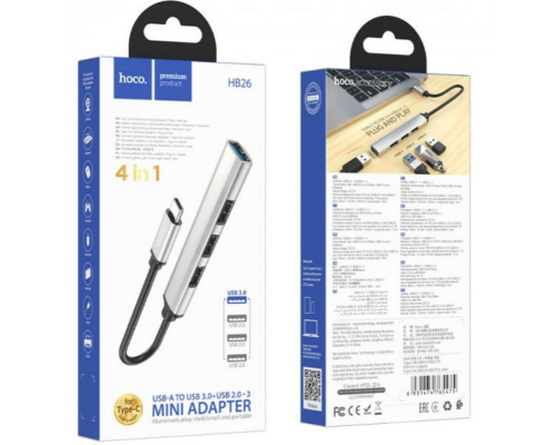 Хаб USB Hoco HB26 4 in 1 adapter(USB to USB3.0+USB2.0*3) (Срібло)