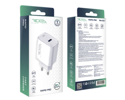 Мережевий Зарядний Пристрій Ridea RW-20120 Rapid Pro 1USB-C QC/PD 20W (Бiлий)