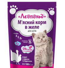 Корм для котів Асорті з куркою та індичкою в желе 100г "Леопольд"