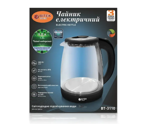 Чайник електричний скляний 1,8л 2400Вт синє LED-підсвічування BITEK BT-3110 7933 (12)