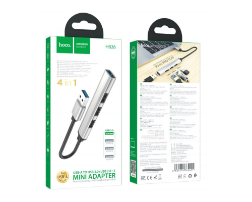 Хаб USB Hoco HB26 4 in 1 adapter(USB to USB3.0+USB2.0*3) (Сiрий)
