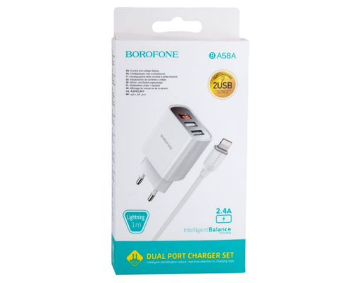 Мережевий Зарядний Пристрій Borofone BA58A Digital Display Lightning 2USB 2.4A (Бiлий)