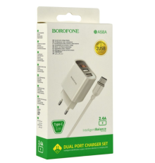 Мережевий Зарядний Пристрій Borofone BA58A Digital Display Type-C 2USB 2.4A (Бiлий)