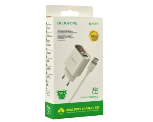 Мережевий Зарядний Пристрій Borofone BA58A Digital Display Type-C 2USB 2.4A (Бiлий)