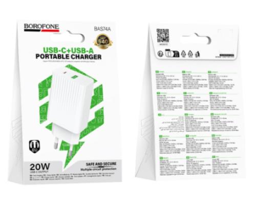 Мережевий Зарядний Пристрій Borofone BAS74A 1USB-C/1USB PD/QC 20W (Бiлий)