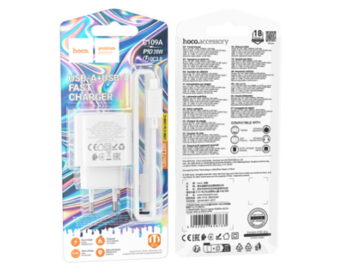 Мережевий Зарядний Пристрій Hoco C109A 1USB-C/1USB PD/QC 20W+Type-C to Type-C (Бiлий)