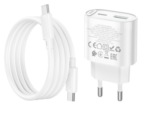 Мережевий Зарядний Пристрій Hoco C109A 1USB-C/1USB PD/QC 20W+Type-C to Type-C (Бiлий)