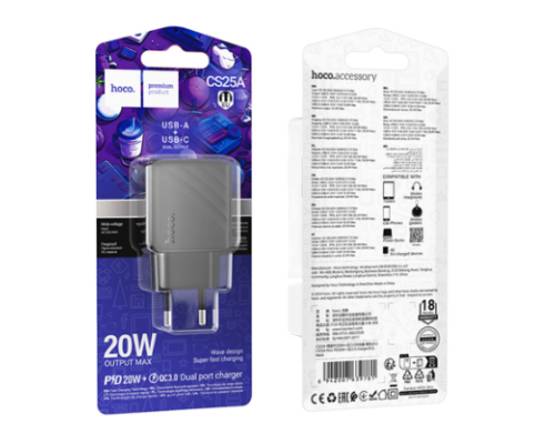 Мережевий Зарядний Пристрій Hoco CS25A 1USB-C/1USB PD/QC 20W (Чорний)