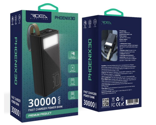 Універсальна Мобільна Батарея Ridea RP-D30L Phoenix30 10W digital display + lamp 30000 mAh (Чорний) Універсальна Мобільна Батарея Ridea RP-D30L Phoenix30 10W digital display + lamp 30000 mAh (Чорний)