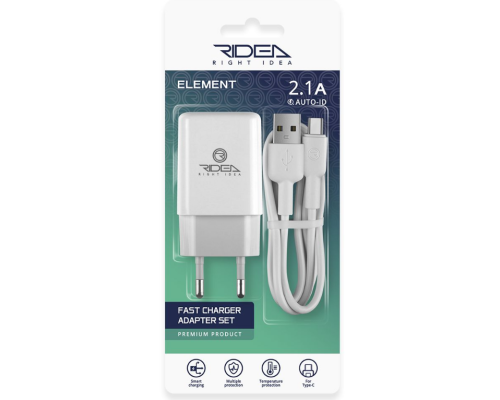 Мережевий Зарядний Пристрій + USB–Type-C Ridea RW-11211 Element 2.1 A (Бiлий)