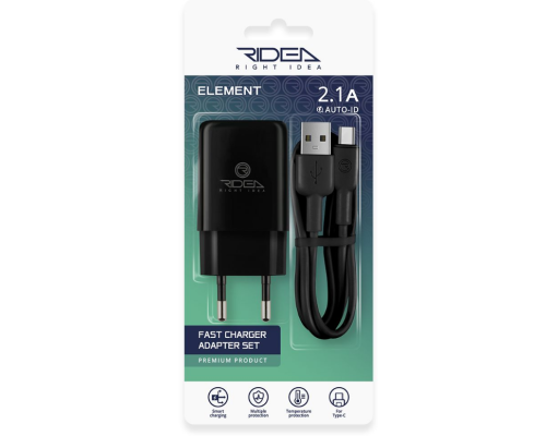 Мережевий Зарядний Пристрій +USB–Type-C Ridea RW-11211 Element 2.1 A (Чорний)