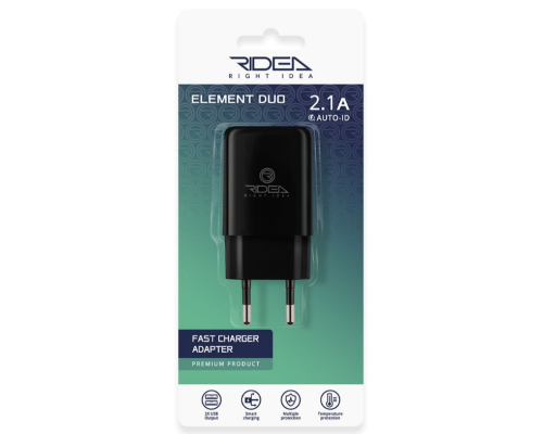 Мережевий Зарядний Пристрій 2USB 2.1 A Ridea RW-21011 Element Duo (Чорний)