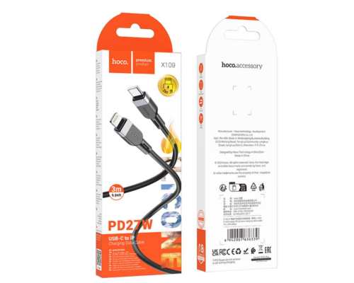 Кабель Hoco X109 Silicone Type-C to Lightning PD27W 3m (Чорний)
