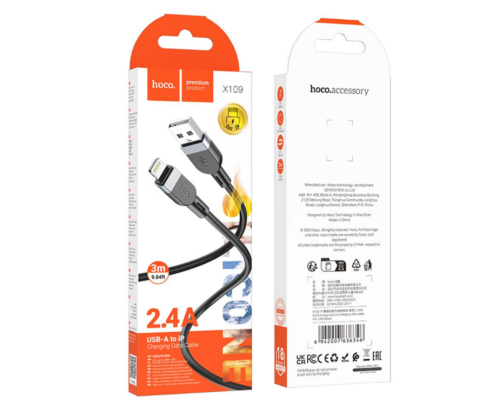 Кабель Hoco X109 Silicone Lightning 2.4A 3m (Чорний)