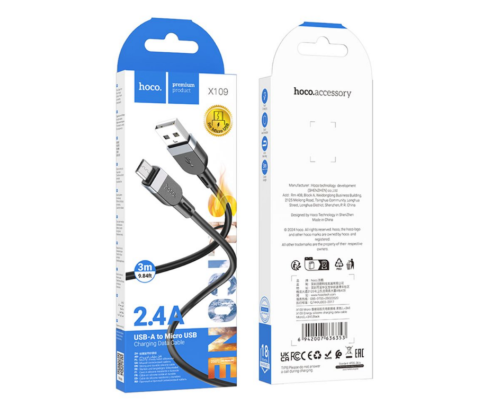 Кабель Hoco X109 Silicone Micro 2.4A 3m (Чорний)
