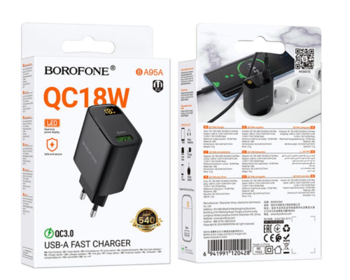 Мережевий Зарядний Пристрій Borofone BA95A 1USB QC 18W Led Display (Чорний)