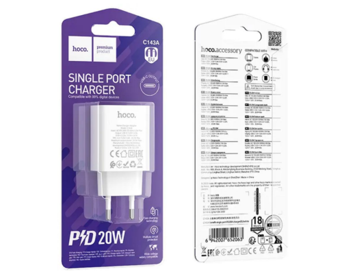 Мережевий Зарядний Пристрій Hoco C143A 1USB-C PD/QC 20W (Бiлий)