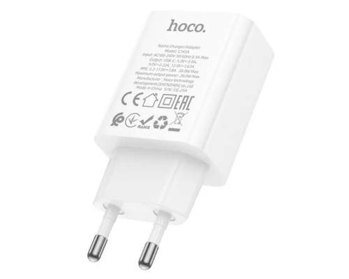 Мережевий Зарядний Пристрій Hoco C143A 1USB-C PD/QC 20W (Бiлий)